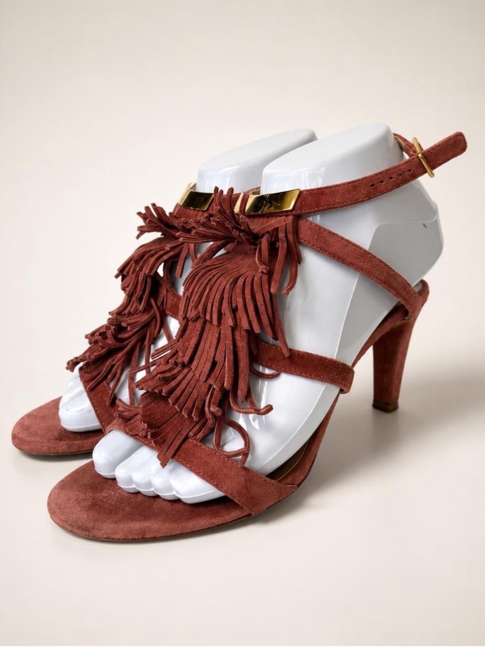 Chloé Suede Fringe High Heel Sandals, gold tone accents, 35.5, Dusty Rose, GUC